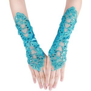 Women's A-Blue Sequins Beads Fingerless Satin Gloves Party Prom Accessories